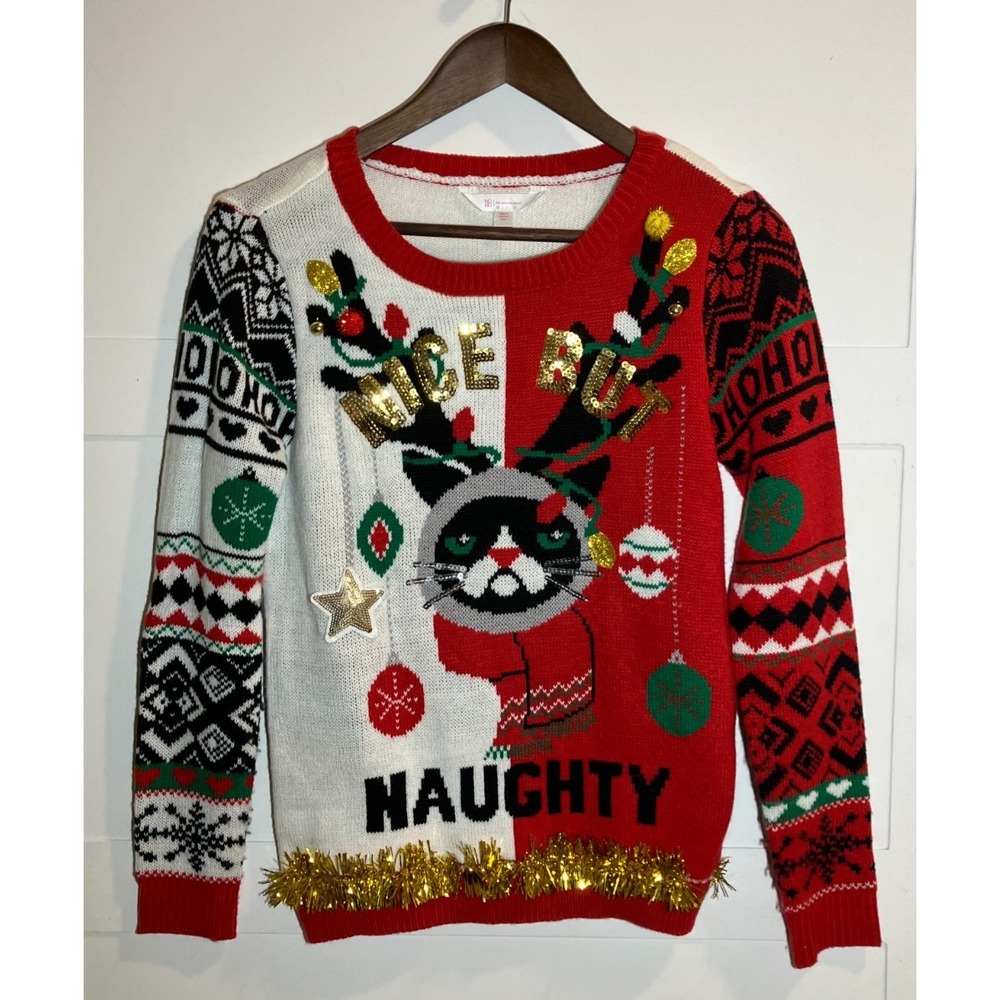 No Boundaries Ugly‎ Christmas Sweater Womens Small Nice But Naughty Cat Holiday